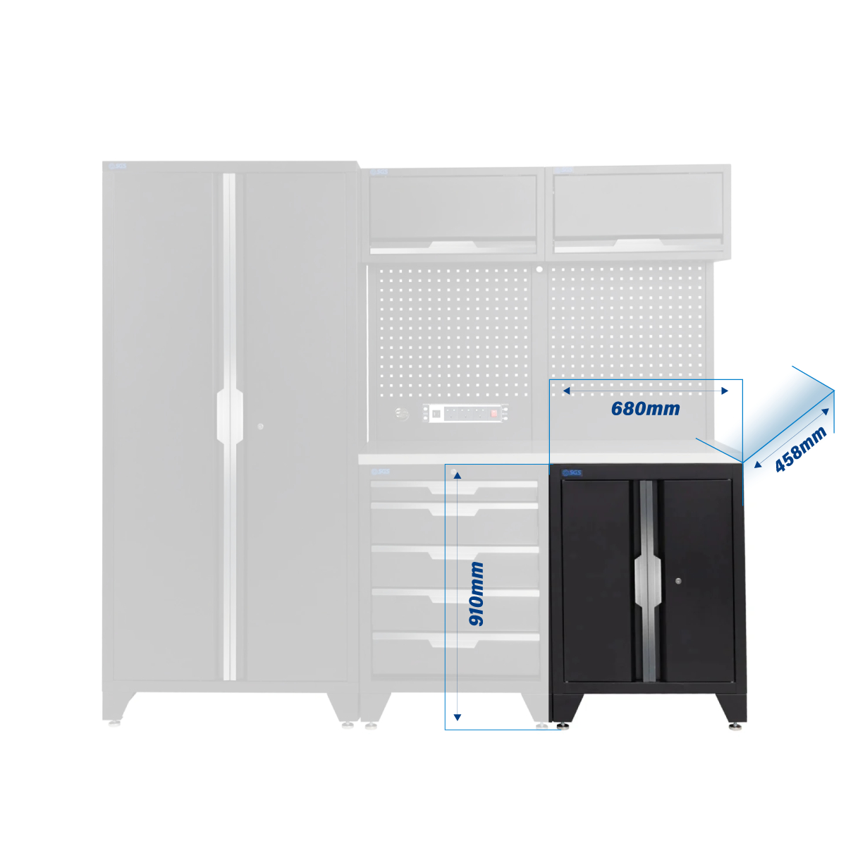 SGS 7pc Modular Garage Storage | 5 Drawers | Stainless Steel Worktop | Tall Double Cabinet | 2x Upper Cabinets | Pegboard with Power Strip